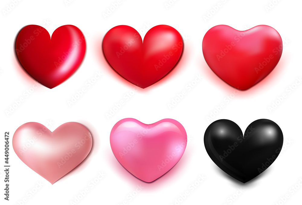 Heart 3d set with for Valentine's Day, Mother's day, Women's day, love cards, stickers. Red, black, pink, beige hearts collection. Realistic Vector illustration isolated on white background.