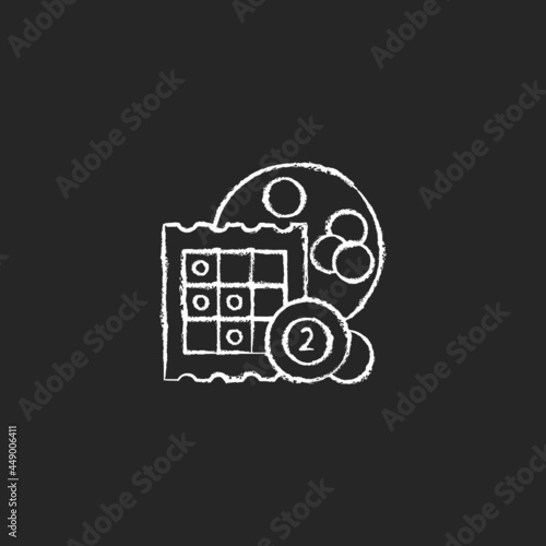Bingo chalk white icon on dark background. Low-priced gambling. Marking off numbers on cards. Winning cash prizes. Random selected numbers. Isolated vector chalkboard illustration on black