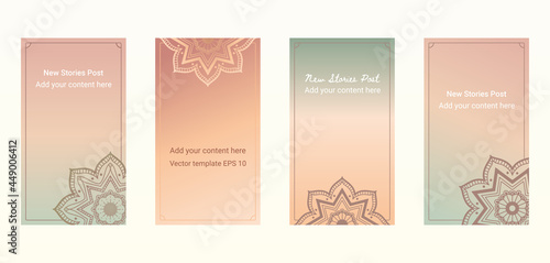 Social media stories template background - boho earthy green, cream & tan pastel mandalas - set of 4, editable vector
