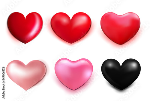 Heart 3d set with for Valentine's Day, Mother's day, Women's day, love cards, stickers. Red, black, pink, beige hearts collection. Realistic Vector illustration isolated on white background.