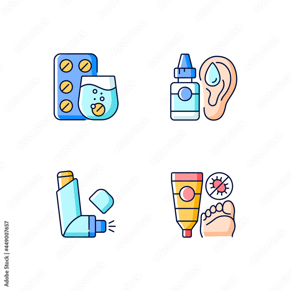 Vecteur Stock Improving disease symptoms RGB color icons set. Effervescent tablets. Antifungal