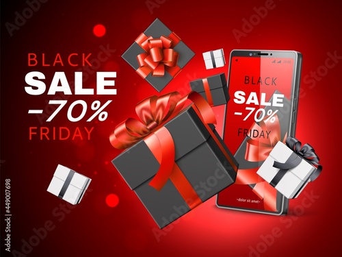 Realistic sale poster with gifts. Promotional banner with 3d gift boxes flying out of cellphone, online sales, shopping app vector concept