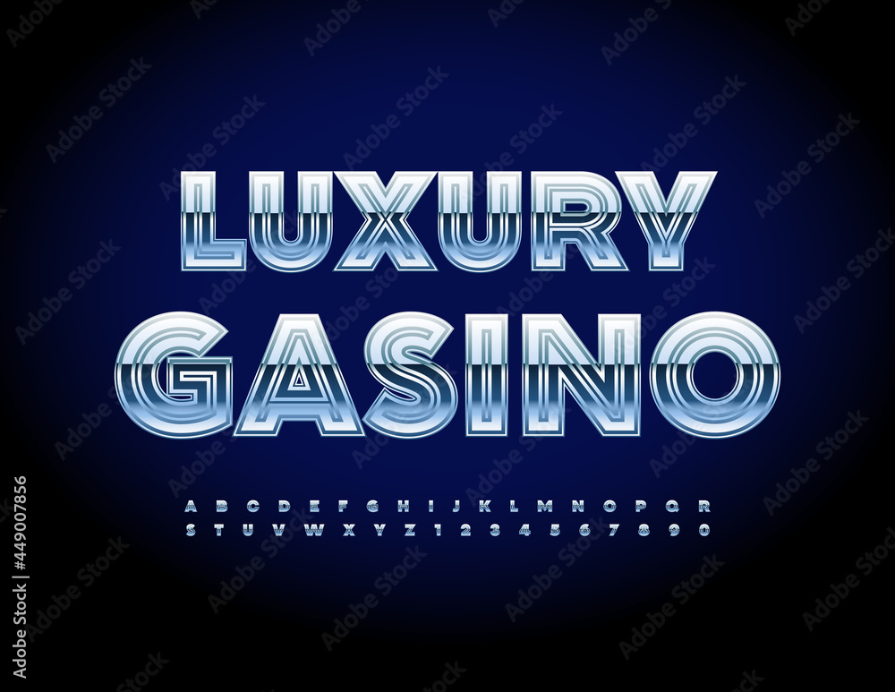 Vector advertising sign Luxury Casino. Silver shiny Alphabet Letters and Numbers set. Elite metallic Font