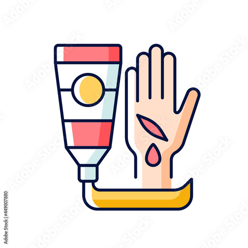 Healing ointment for cuts RGB color icon. Preventing wound infection. Fast healing. Minimizing scar appearance. Reducing dirt, bacteria spread. Isolated vector illustration. Simple filled line drawing