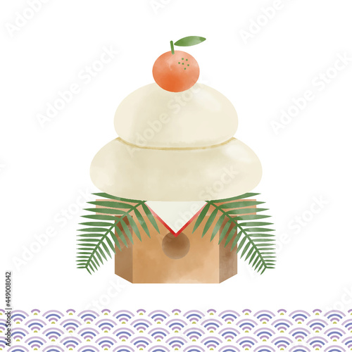 日本のお正月に飾る縁起の良い鏡餅と和柄。水彩画のベクターイラスト。年賀状に最適。