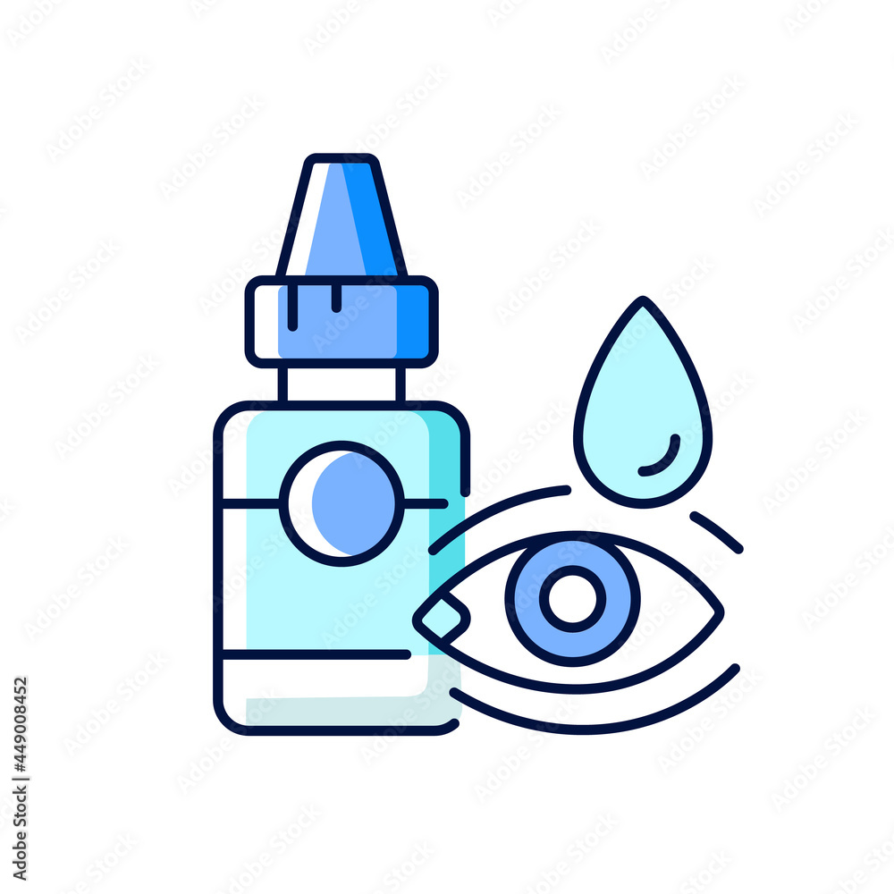 Eye drops RGB color icon. Relieving dryness and redness. Eye problems treatment. Reduce allergy symptom. Treat viral infection. Isolated vector illustration. Simple filled line drawing Eye drops RGB color icon. Relieving dryness and redness. Eye problems treatment. Reduce allergy symptom. Treat viral infection. Isolated vector illustration. Simple filled line drawing