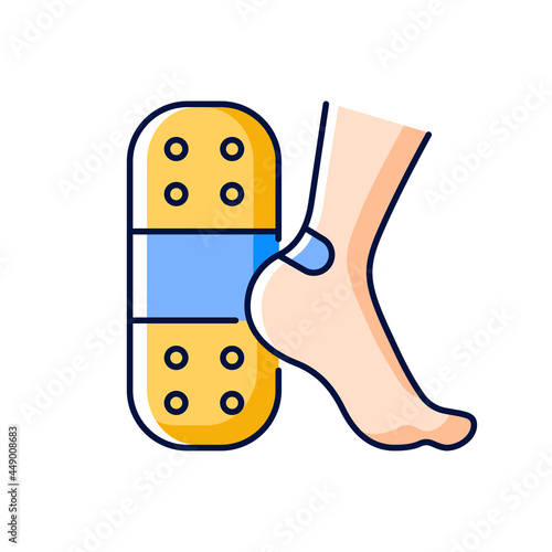 Patches for blisters RGB color icon. Skin protection from friction. Applying plaster. Self-help option. Sterile dressing. Adhesive backing. Isolated vector illustration. Simple filled line drawing