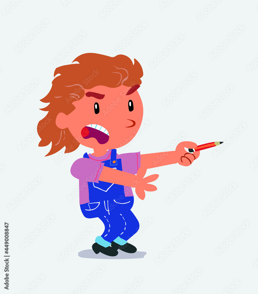 angry cartoon character of little girl on jeans with pencil points to the side. angry cartoon character of little girl on jeans with pencil points to the side.