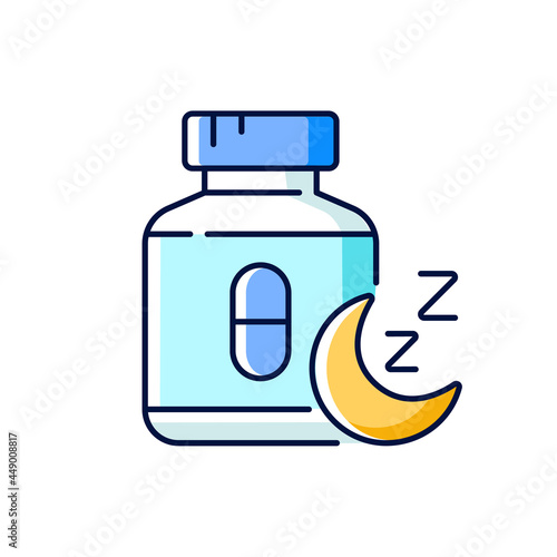 Pills for insomnia RGB color icon. Sleeping medication. Handling sleepwalking, night terrors. Treating sleeplessness. Improve sleep-wake cycle. Isolated vector illustration. Simple filled line drawing