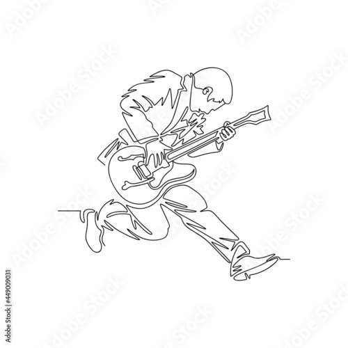 Continuous line art drawing man playing guitar