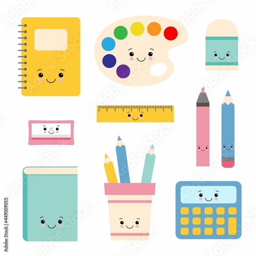 Cartoon vector characters of school writing stationery.