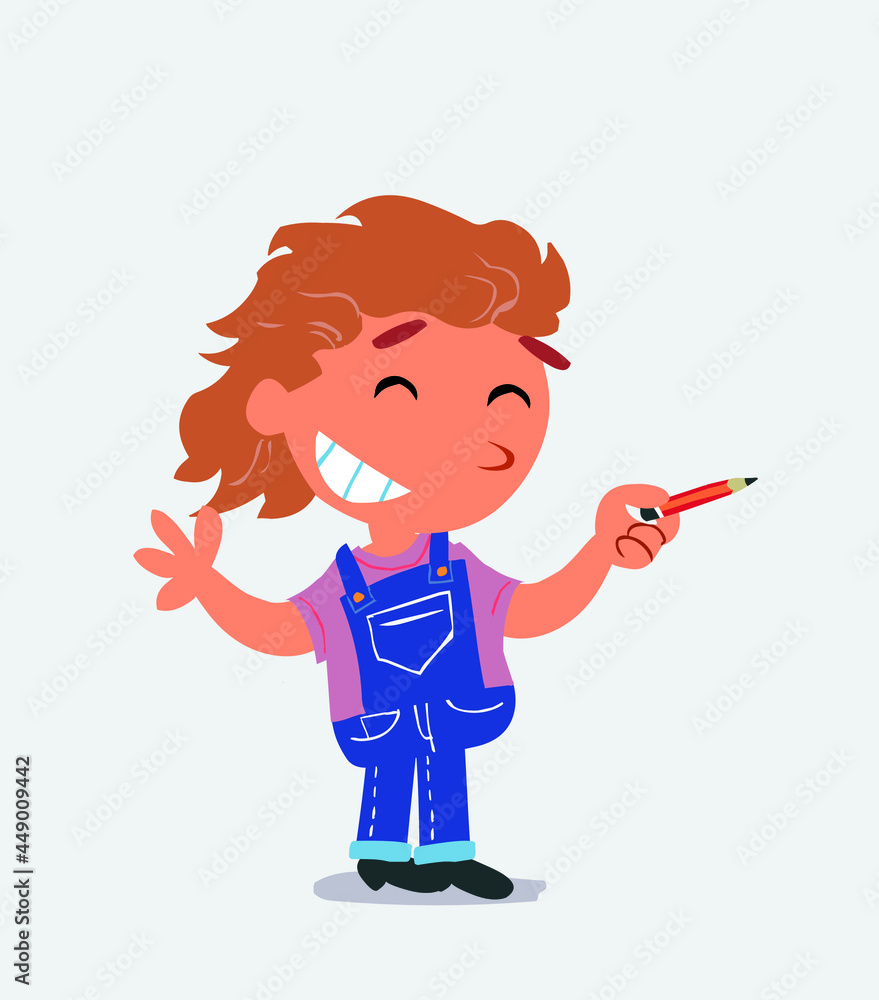 cartoon character of little girl on jeans says something funny while pointing to the side with a pencil. cartoon character of little girl on jeans says something funny while pointing to the side with a pencil.