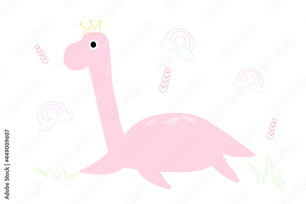 Naklejka premium Princess Dinosaur. Cute Dino illustration cartoon design with white background. Rainbow and Clouds and Grass and Leaf Heart. Simple Nursery Art for Baby Girl.