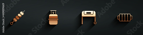 Set Grilled shish kebab, Propane gas tank, Barbecue grill and icon with long shadow. Vector