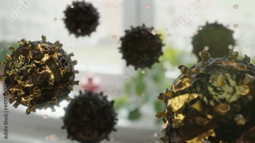 Close-up of dissolving virus under microscope., SARS-CoV-2 COVID-19 pandemic cure or vaccination concept. Realistic high quality medical 3D animation