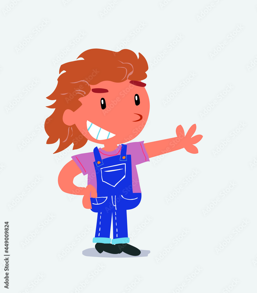 Pleased cartoon character of little girl on jeans points to something.