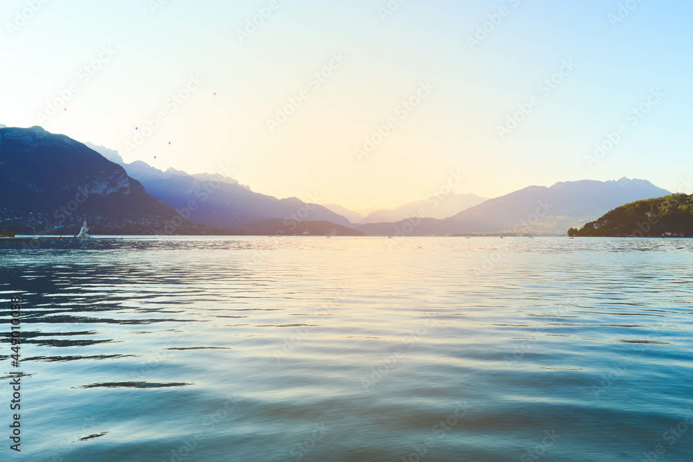 Annecy lake in the morning in vintage style, France