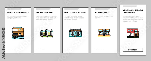House Constructions Onboarding Mobile App Page Screen Vector. Townhome House And Mobile Home, Villa And Palace Building, Apartment And Residence Illustrations