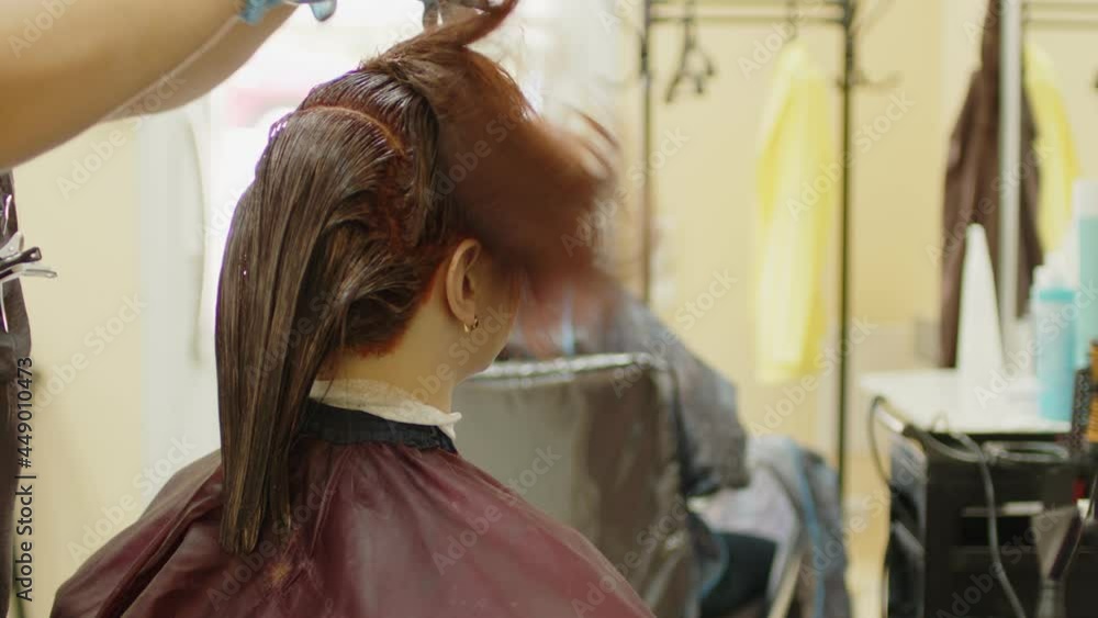 Unrecognizable person combs colored hair of young woman in salon. Unknown hairdresser in gloves separates strand of hair and prepares for coloring of client in beauty salon. Unrecognizable person combs colored hair of young woman in salon. Unknown hairdresser in gloves separates strand of hair and prepares for coloring of client in beauty salon.