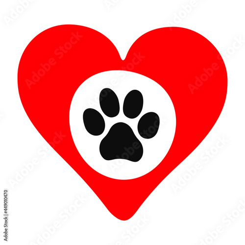 Protect and love your pet concept animal paw inside a red heart vector illustration isolated on white background