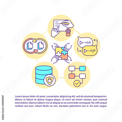 Online software for collaboration concept line icons with text. PPT page vector template with copy space. Brochure, magazine, newsletter design element. Remote work linear illustrations on white