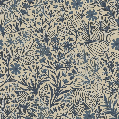 Seamless pattern with beautiful blue wildflowers and plants on a beige background in vector