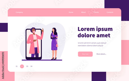 Man in mask on phone screen explaining something to woman. Smartphone, quarantine, virus flat vector illustration. Pandemic and protection concept for banner, website design or landing web page