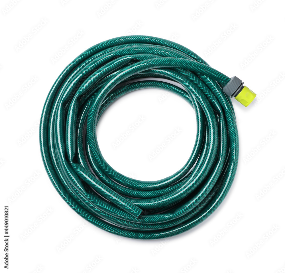 Green rubber watering hose isolated on white, top view Green rubber watering hose isolated on white, top view