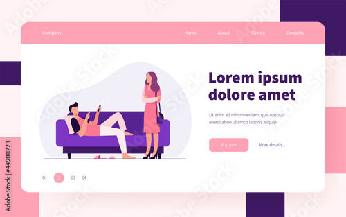 Man lying on sofa when woman standing and looking at him. Couch, laziness, wife flat vector illustration. Family and relationship concept for banner, website design or landing web page