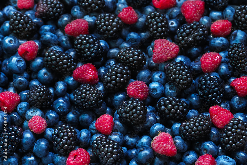Forest berries, blueberries, blackberries, raspberries, close-up, top view. Colorful wild berries, harvest Forest berries, blueberries, blackberries, raspberries, close-up, top view. Colorful wild berries, harvest