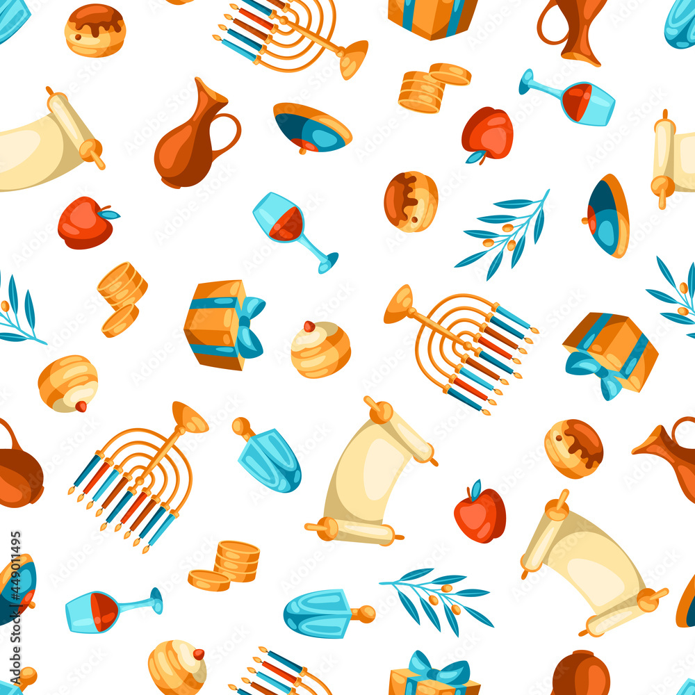 Happy Hanukkah seamless pattern with religious symbols. Background with holiday objects. Happy Hanukkah seamless pattern with religious symbols. Background with holiday objects.