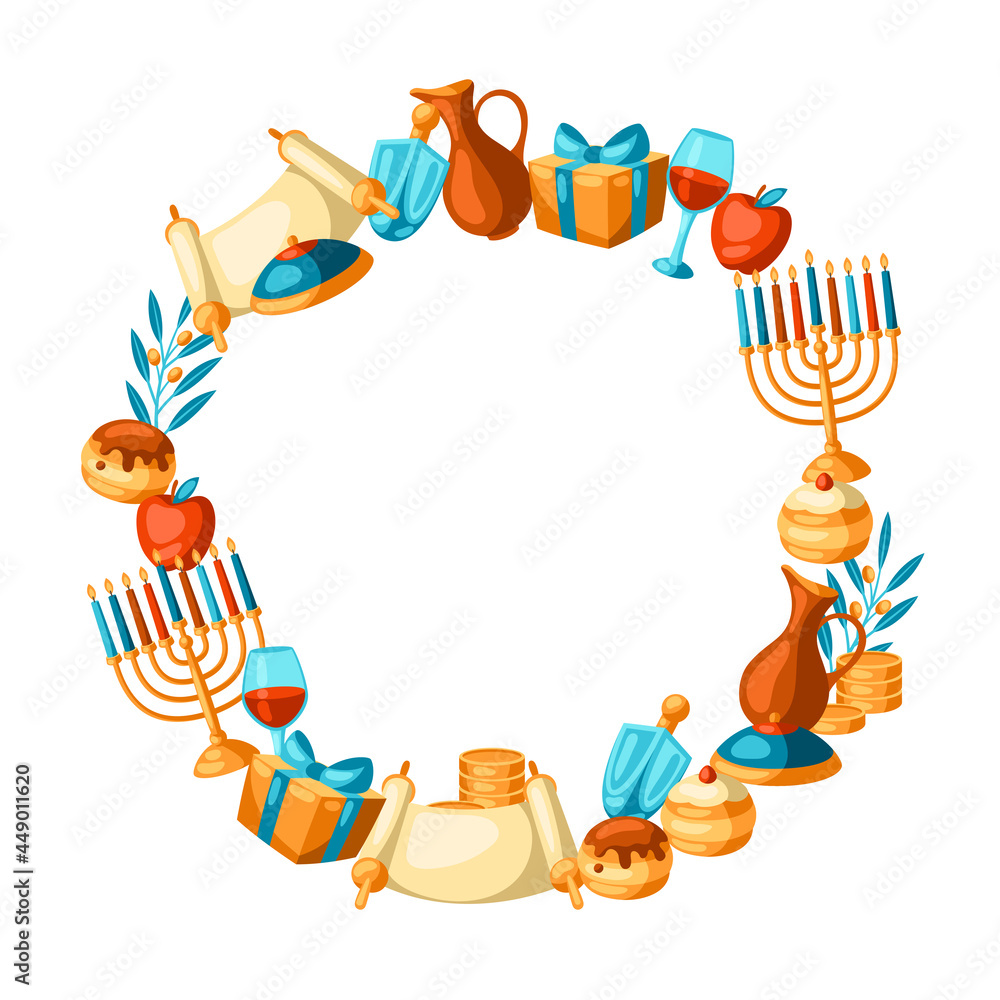 Obraz premium Happy Hanukkah frame with religious symbols. Illustration with holiday objects.