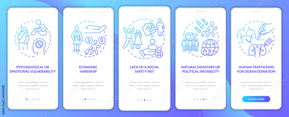 Human trading reasons blue onboarding mobile app page screen. What leads to slavery walkthrough 5 steps graphic instructions with concepts. UI, UX, GUI vector template with linear color illustrations