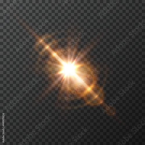 Light effect, star burst with sparkles isolated on transparent background. Sun flash rays or gold spotlight. Glow yellow flare template