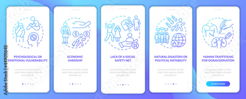 Human trading reasons blue onboarding mobile app page screen. What leads to slavery walkthrough 5 steps graphic instructions with concepts. UI, UX, GUI vector template with linear color illustrations