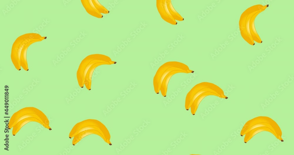 Animation of single bananas floating on green background Animation of single bananas floating on green background