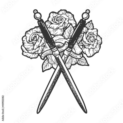 Stiletto knife dagger and roses tattoo sketch engraving vector illustration. T-shirt apparel print design. Scratch board imitation. Black and white hand drawn image.