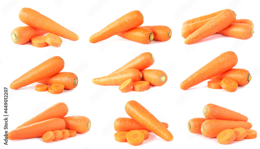 collection of fresh carrots isolated on white background collection of fresh carrots isolated on white background