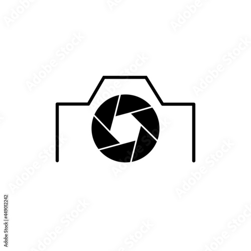 Vector illustration of a camera lens and the lines that make up the housing or part of the camera case.  Suitable for use as a photography service logo