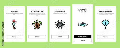 Ocean Underwater Life Onboarding Mobile App Page Screen Vector. Ocean Fish And Star, Jellyfish And Turtle, Crab And Skate, Mussels And Phytoplankton Illustrations