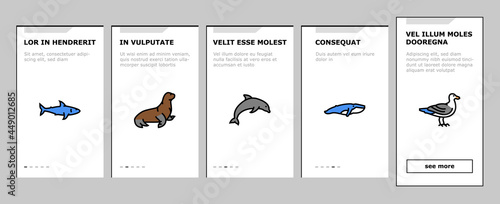 Ocean Underwater Life Onboarding Mobile App Page Screen Vector. Ocean Fish And Star, Jellyfish And Turtle, Crab And Skate, Mussels And Phytoplankton Illustrations
