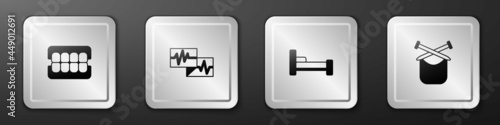 Set False jaw, Monitor with cardiogram, Bed and Knitting icon. Silver square button. Vector