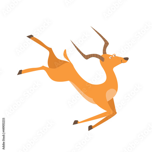 Cute cartoon antelope isolated on white transparent background. Vector flat design children illustration. Side view. Animal drawing.