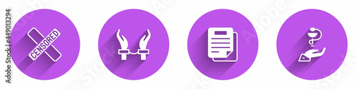 Set Censored stamp, Handcuffs on hands of criminal, Document and Caduceus snake medical icon with long shadow. Vector
