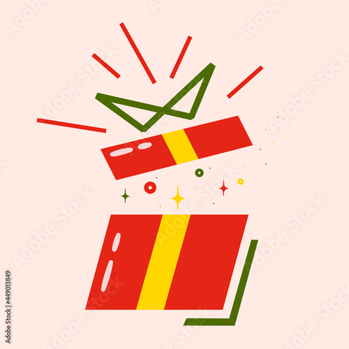 Bright surprise gift in flat style. Colorful open red gift box on a light background. Unusual souvenir for holidays, significant dates. The magical moment of opening a gift. Isolated vector design.