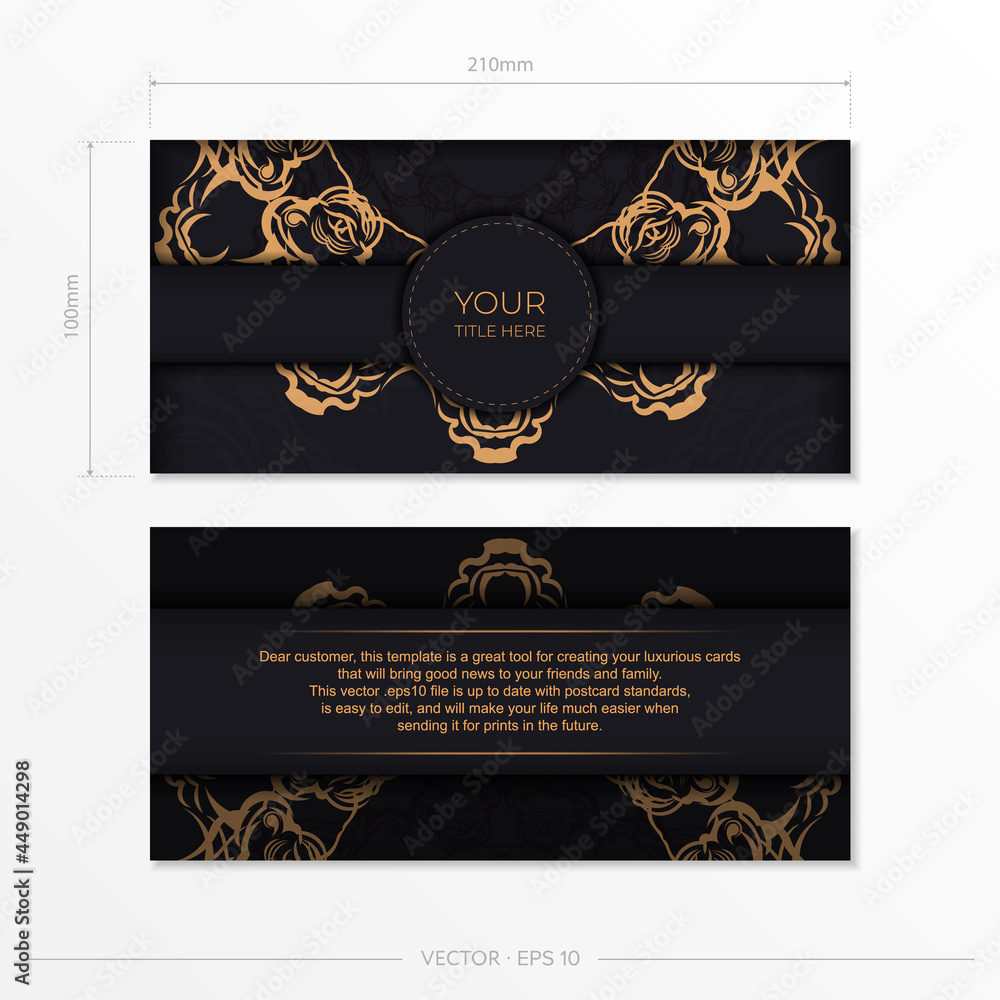 Fototapeta premium Rectangular Preparing postcards in black with luxurious gold ornaments. Template for design printable invitation card with vintage patterns.