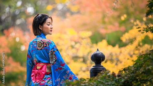 Quadro su tela portrait of asian woman wearing japanese blue kimono in the park at autumn seaso