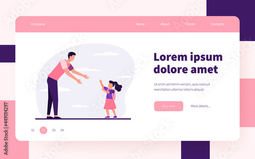 Dad meeting daughter outside. Man and girl walking to each other and reaching hands for hug flat vector illustration. Parent  fatherhood  family concept for banner  website design or landing web page