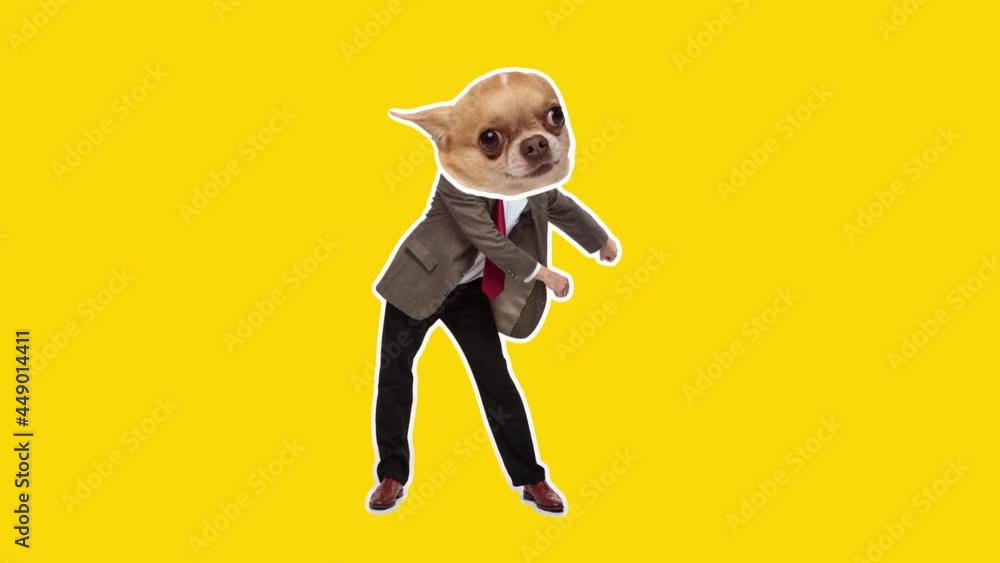 custom made wallpaper toronto digital4K Minimal animation motion design. Funny dog face on dancing man. Pop and dance mood. Businessman in stop motion, 2D, modern, conceptual, contemporary pop art collage. Party, business, concept