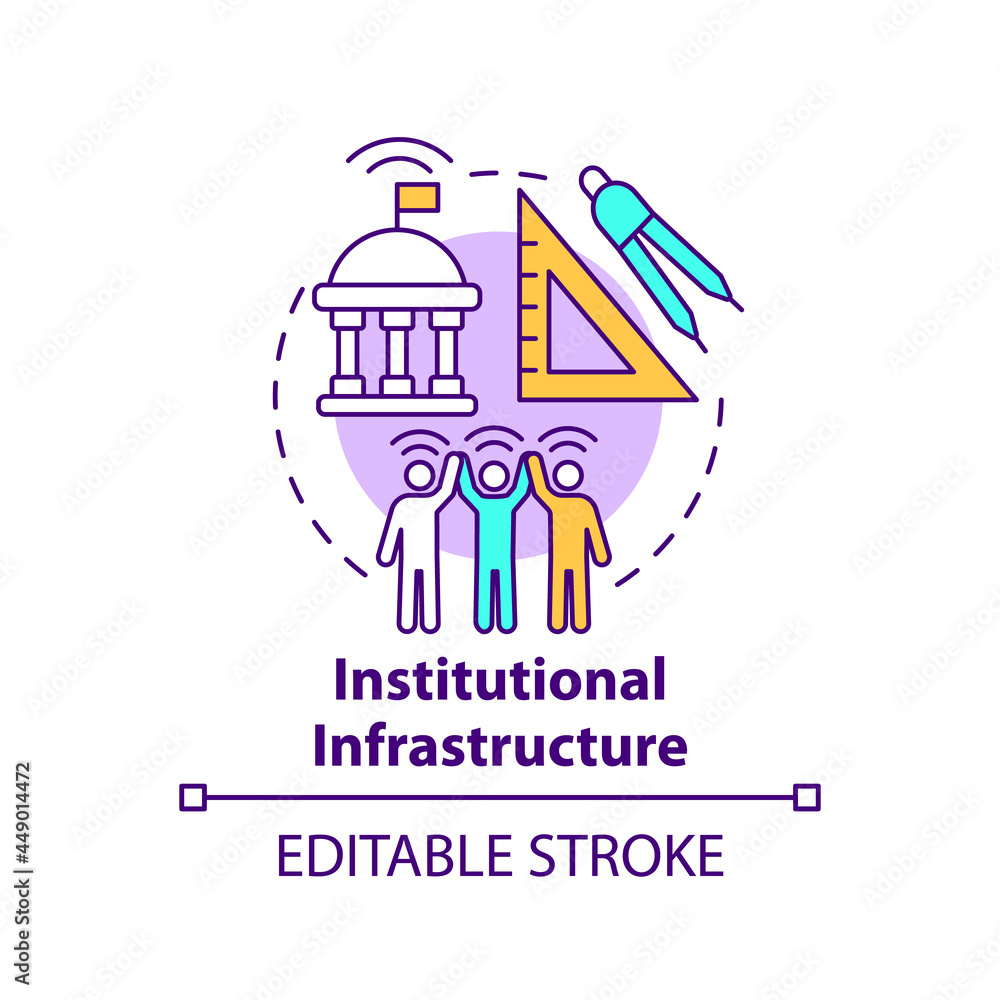 Institutional infrastructure concept icon. Governance and management abstract idea thin line illustration. Political and economic systems. Vector isolated outline color drawing. Editable stroke